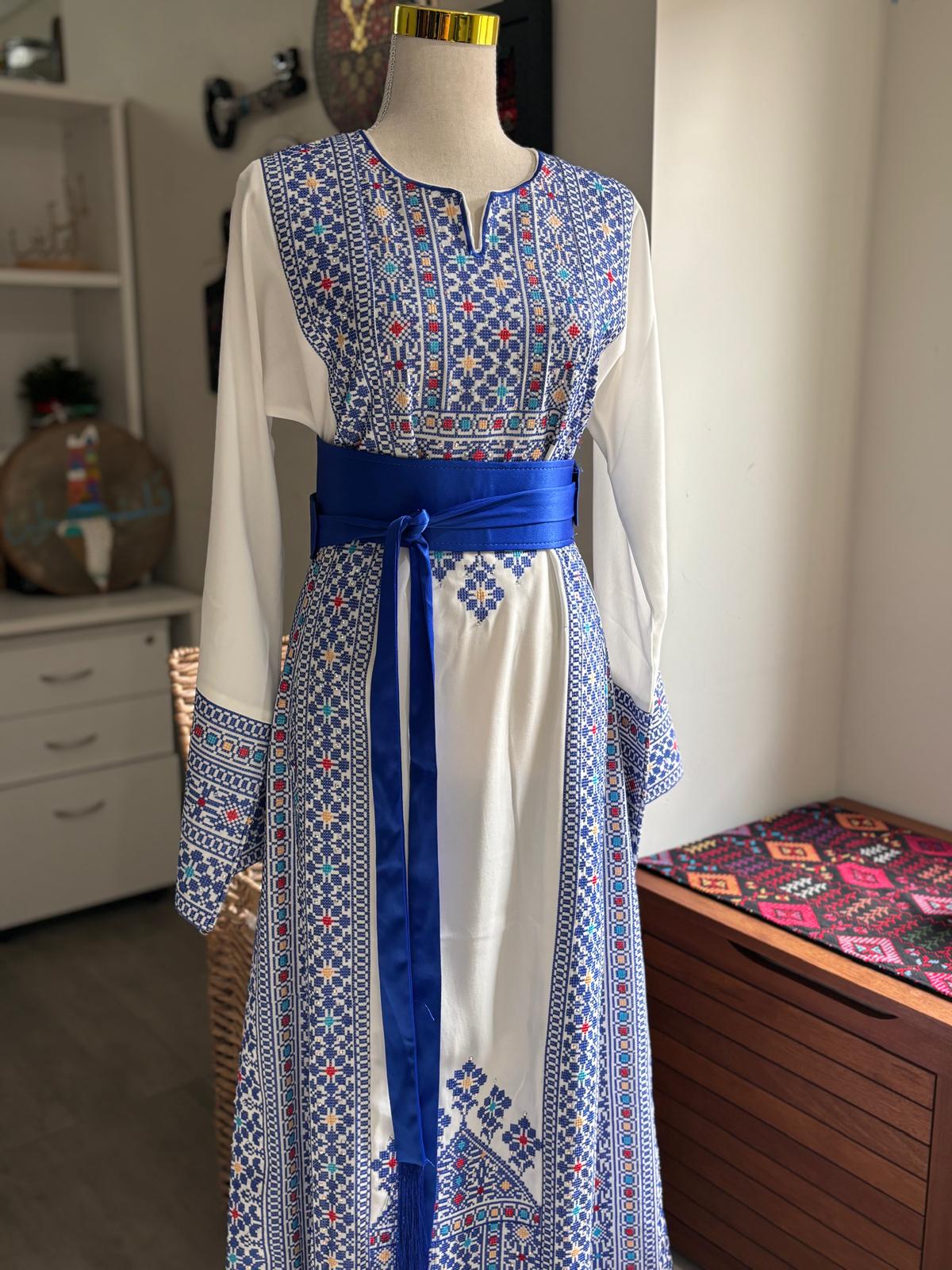 Palestinian Embroidered Thobe With Adjustable Belt  (Blue and White)