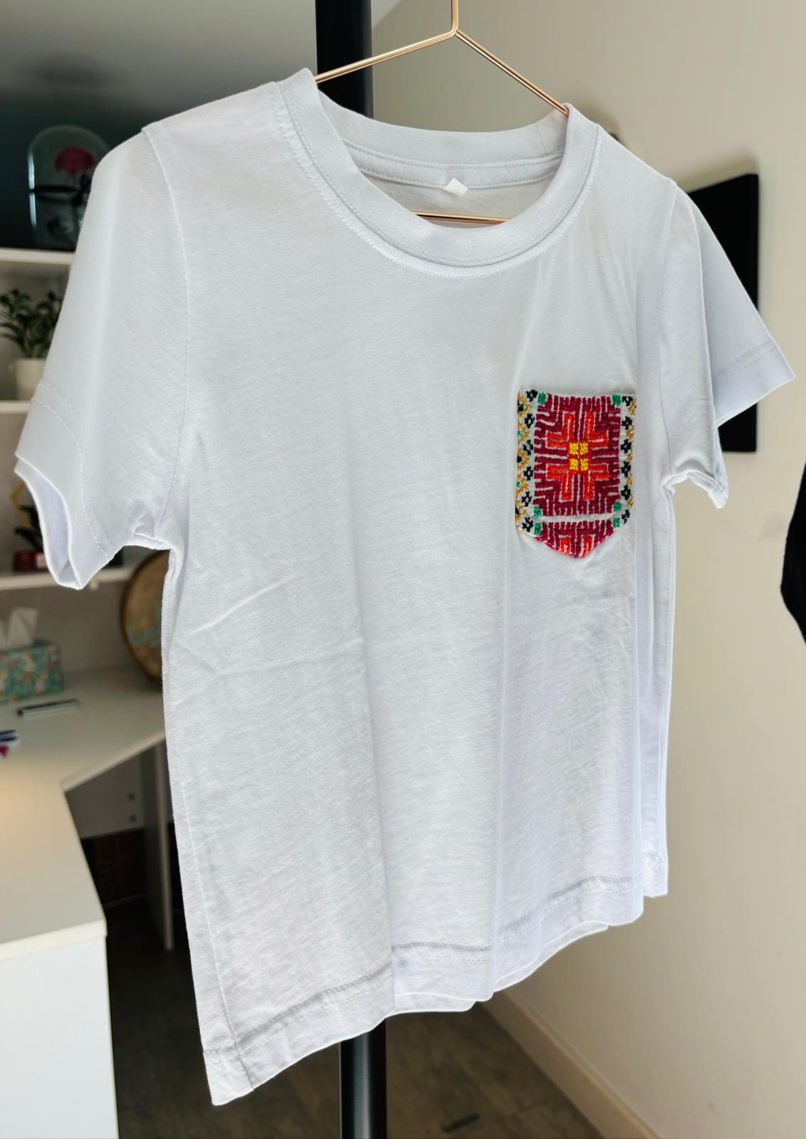 White Cotton T-Shirt with colored Hand-embroidered Pocket (For kids)