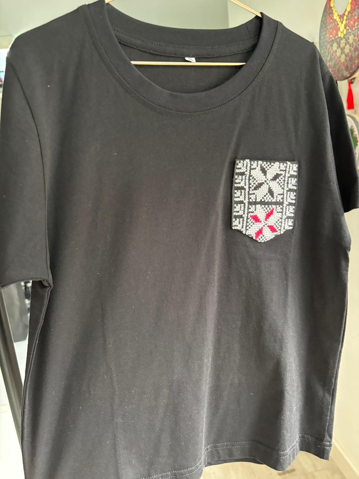 Black Cotton T-Shirt with Hand-embroidered Pocket (For kids)