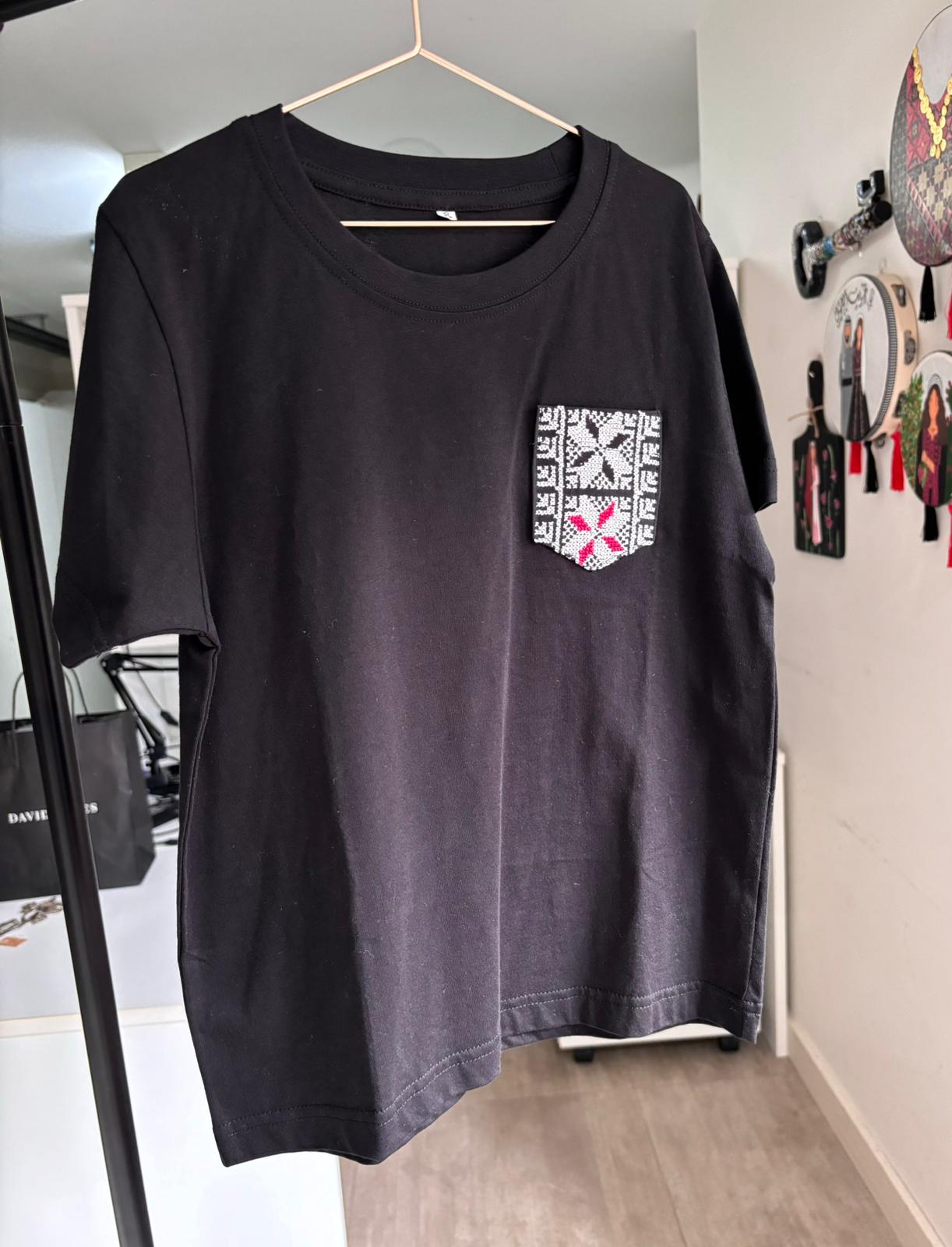 Black Cotton T-Shirt with Hand-embroidered Pocket (For kids)
