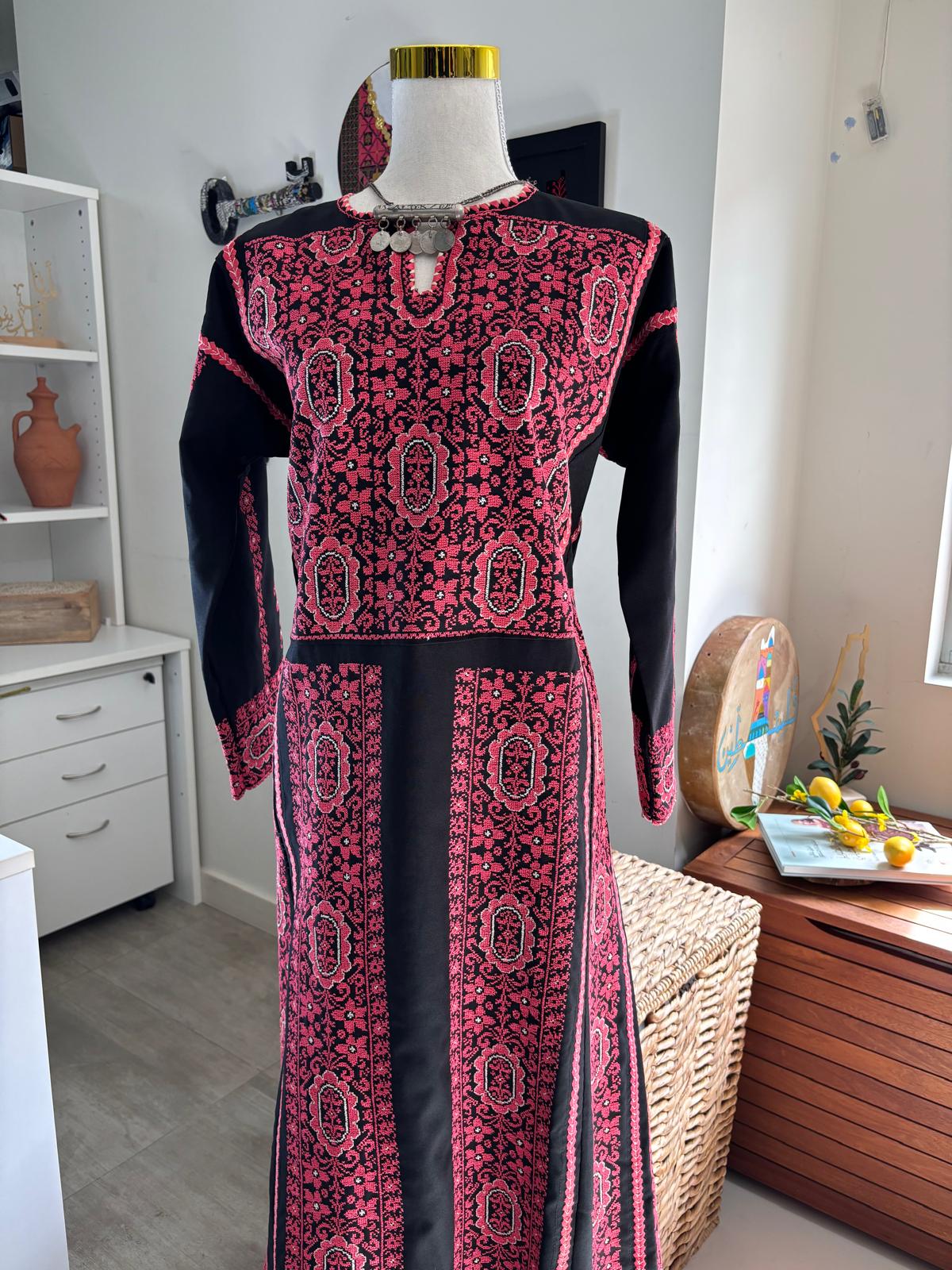 Hand-Embroidered Vintage Palestinian Thobe. (Black and Pink Tatreez)