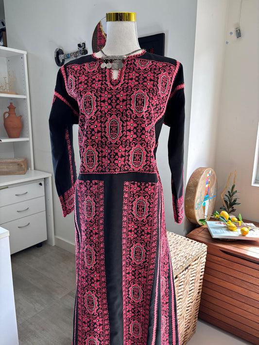Deerah Collection: Vintage Palestinian Thobe. (Black and Pink Tatreez)