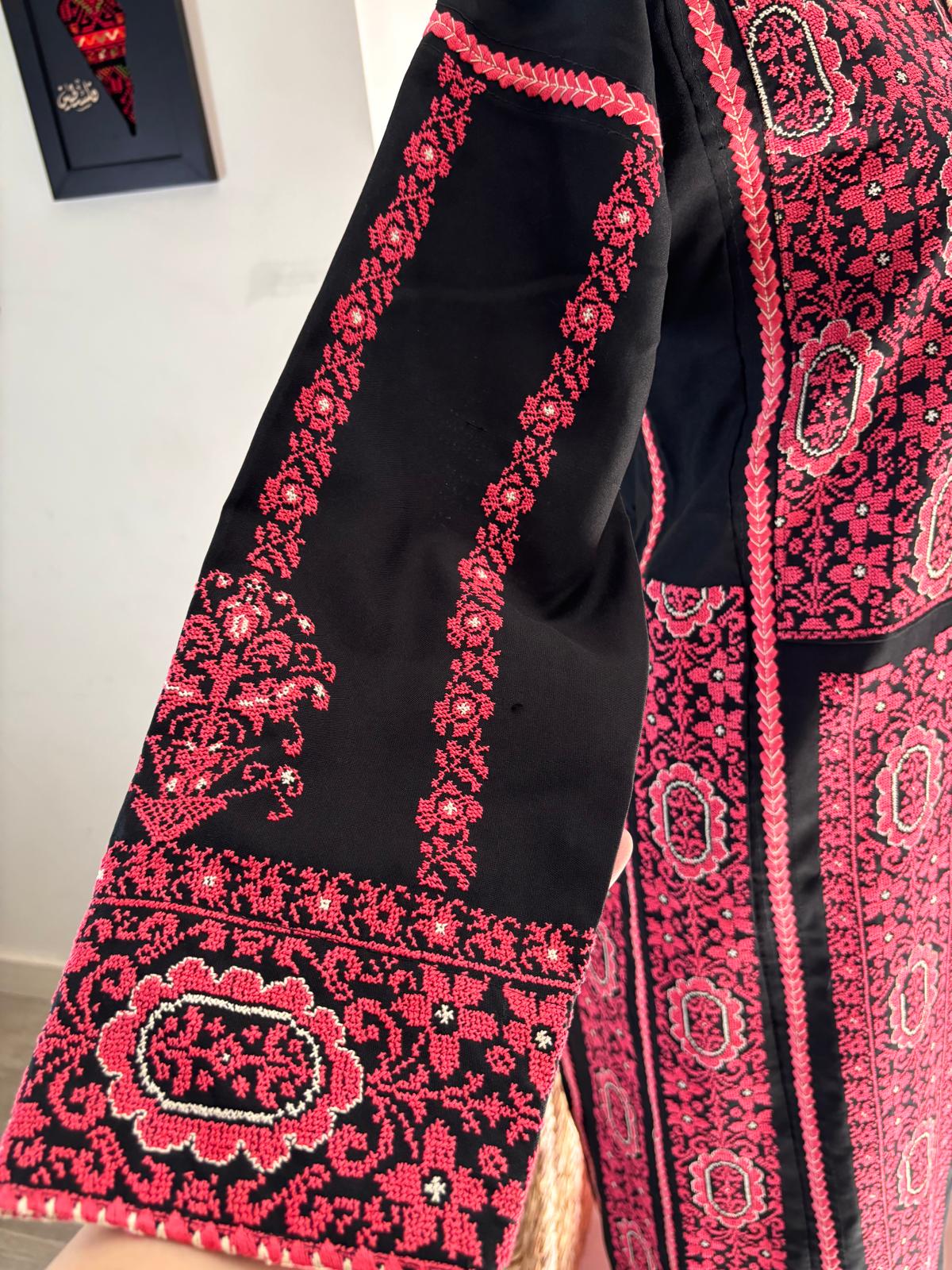 Hand-Embroidered Vintage Palestinian Thobe. (Black and Pink Tatreez)
