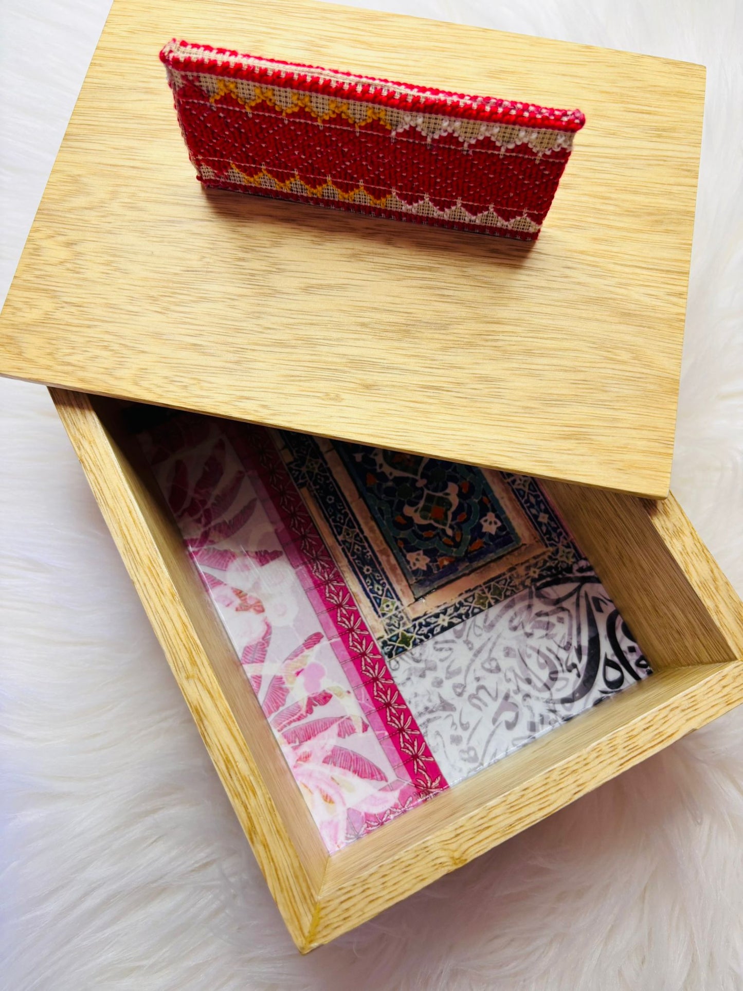 Wooden Box with Embroidered Vertical Handle.