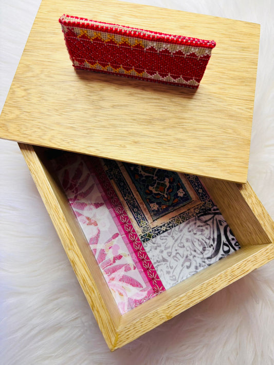 Wooden Box with Embroidered Vertical Handle.