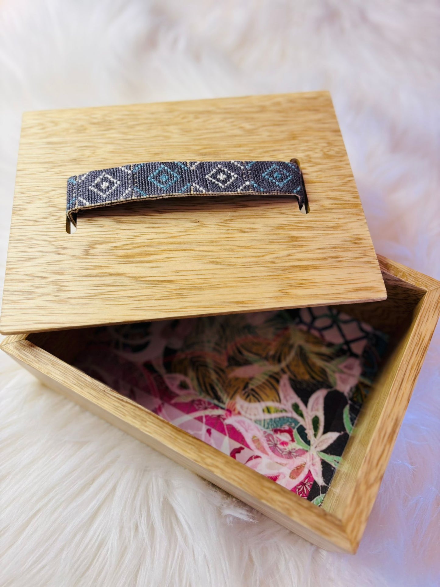 Wooden Box with Embroidered Loop Handle.