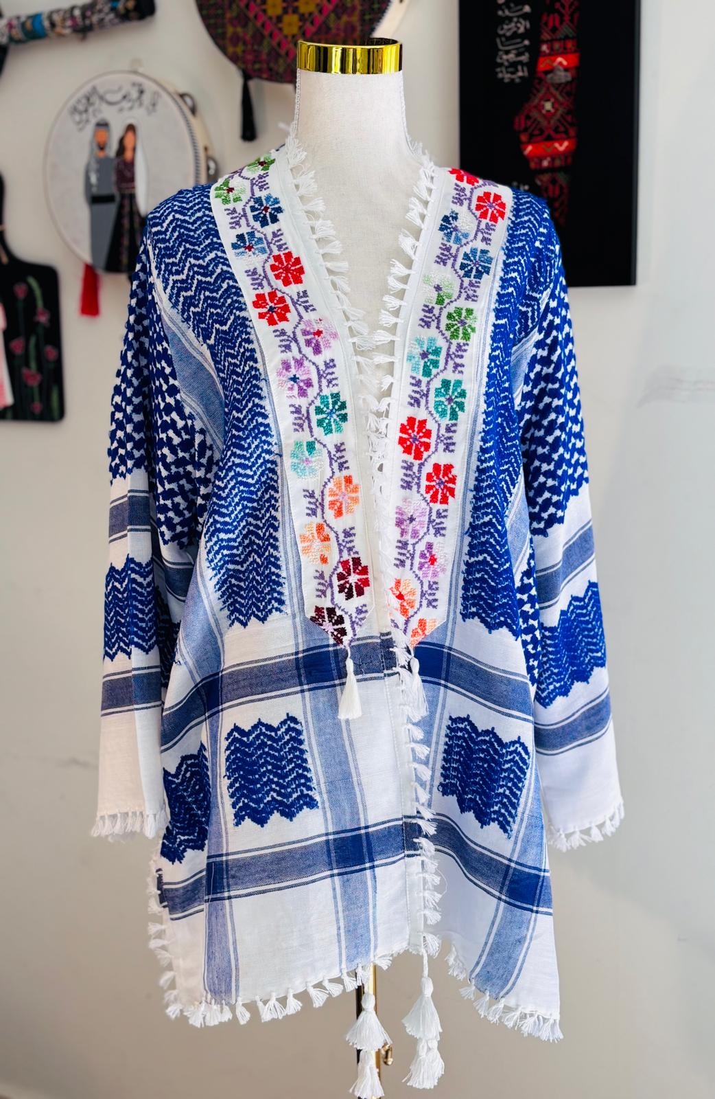 Blue Keffiyeh Jacket with Colorful Hand Embroidery. Design 1