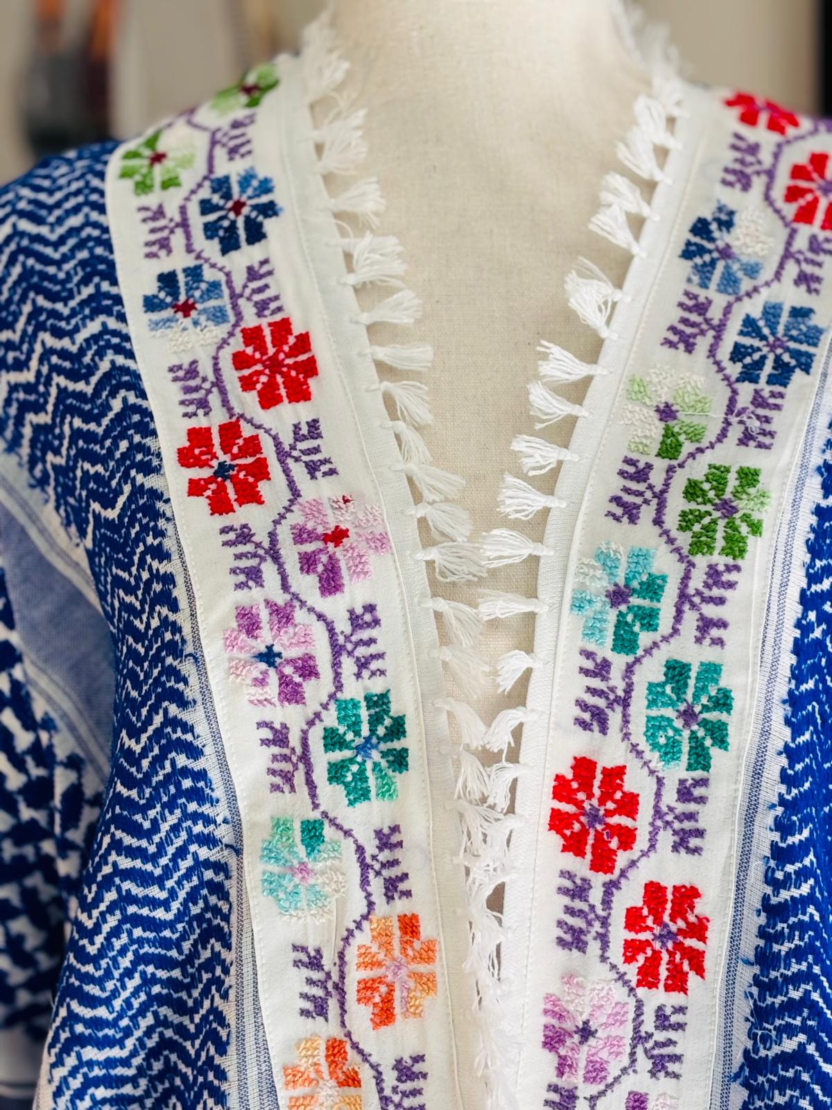 Blue Keffiyeh Jacket with Colorful Hand Embroidery. Design 1