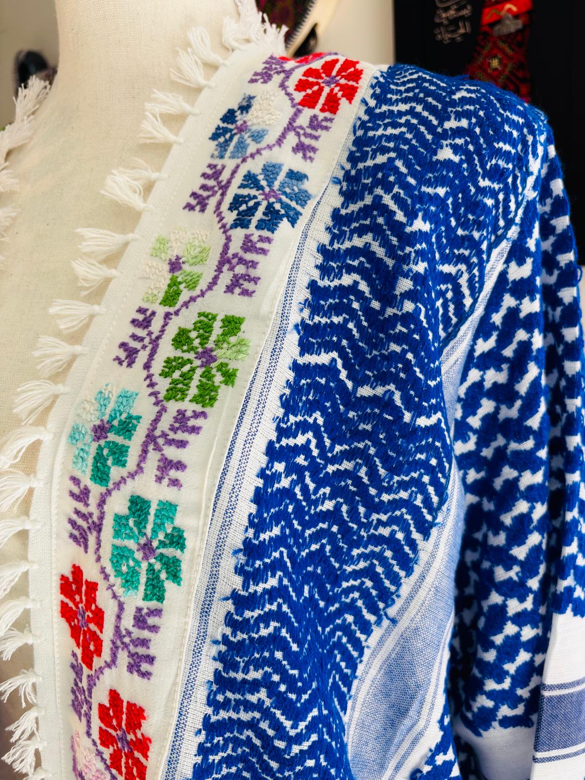 Blue Keffiyeh Jacket with Colorful Hand Embroidery. Design 1
