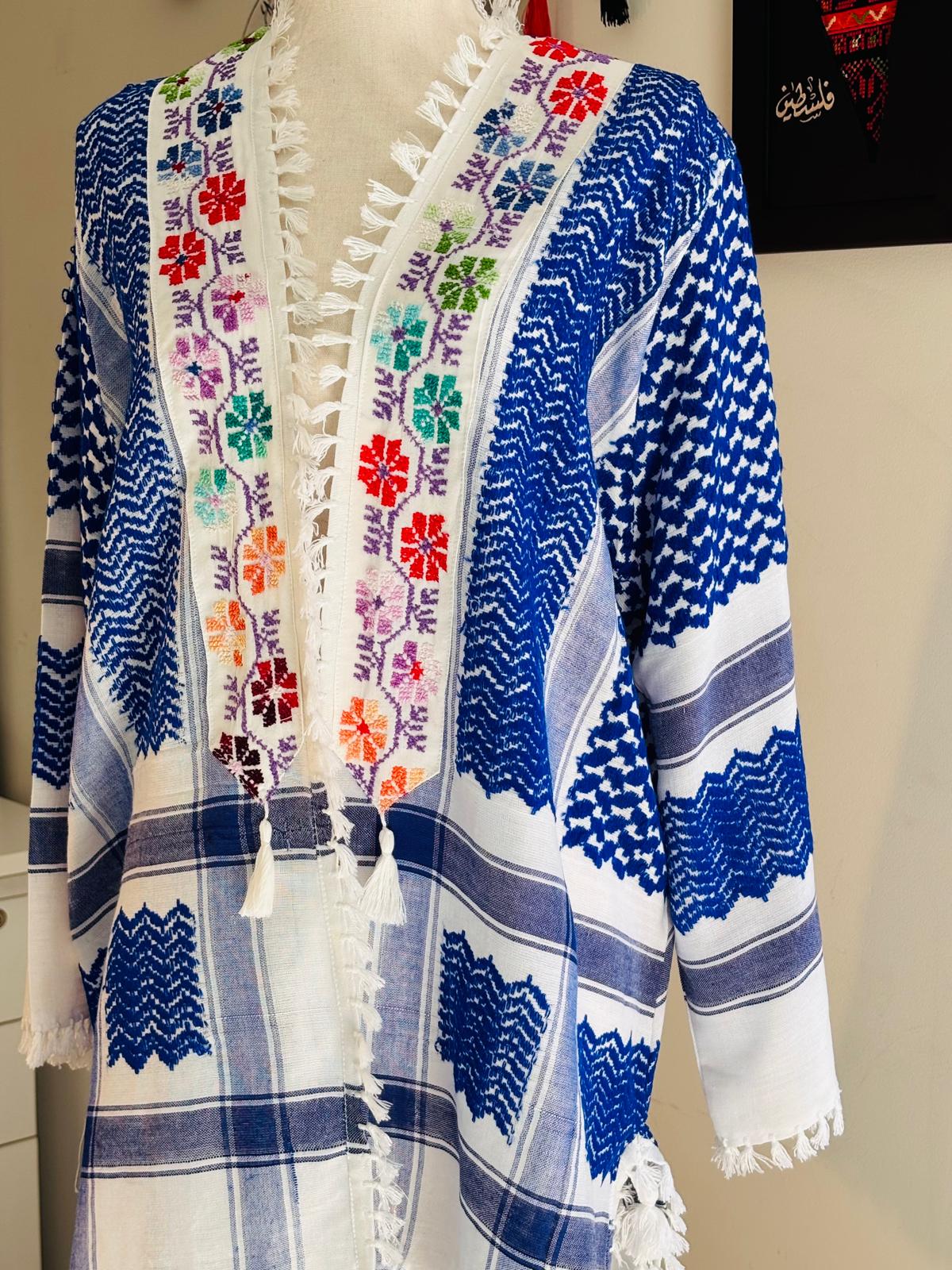 Blue Keffiyeh Jacket with Colorful Hand Embroidery. Design 1