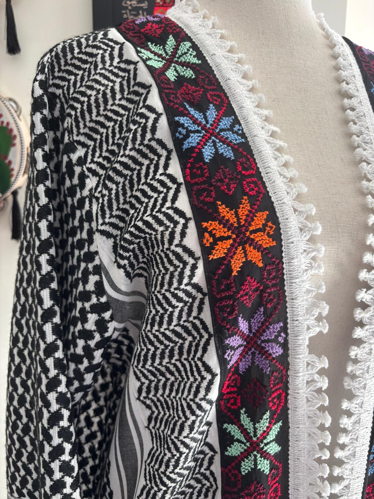Black Keffiyeh Jacket with Colorful Hand Embroidery.