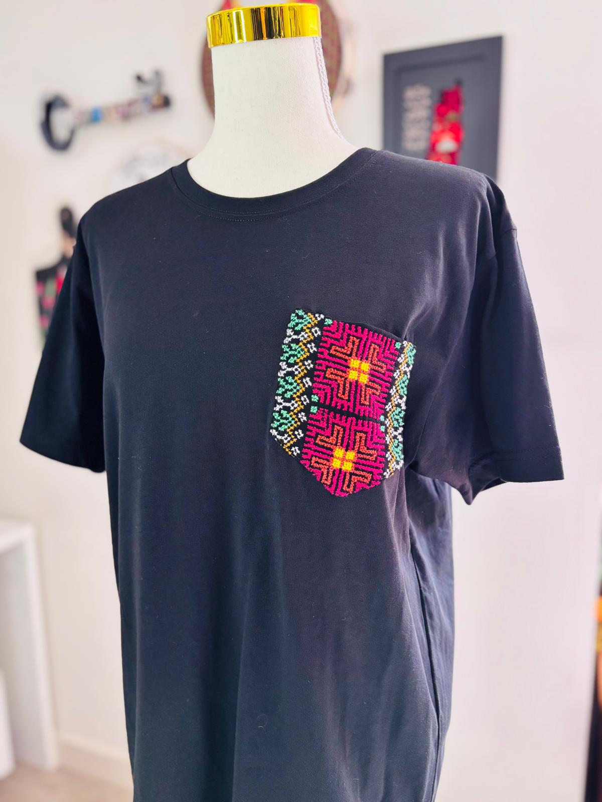 Black Cotton T-Shirt with colored Hand-embroidered Pocket (For him & her)