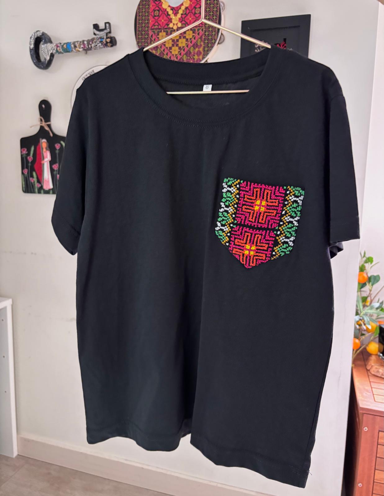 Black Cotton T-Shirt with Hand-embroidered Pocket (For kids)