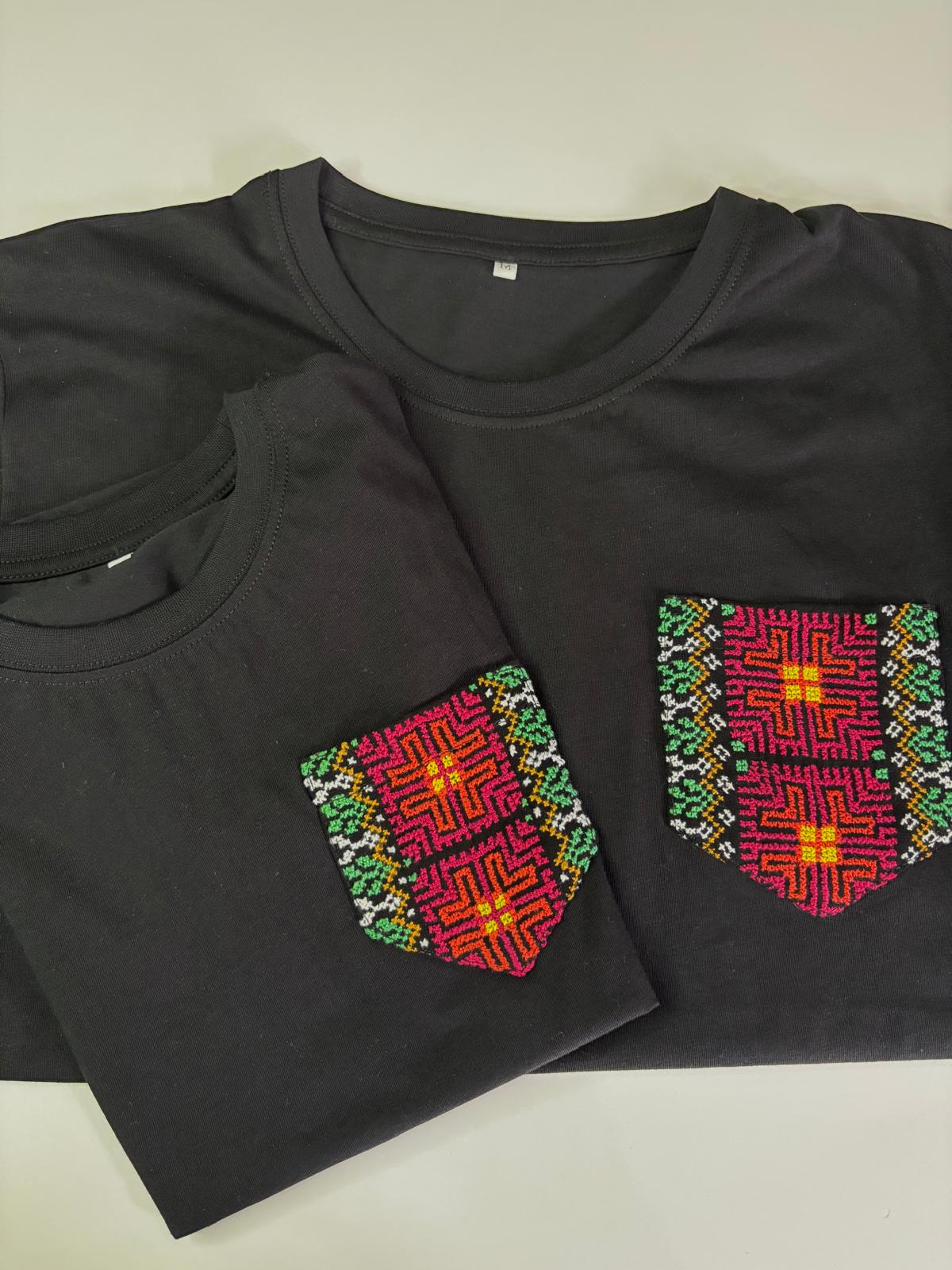 Black Cotton T-Shirt with colored Hand-embroidered Pocket (For him & her)