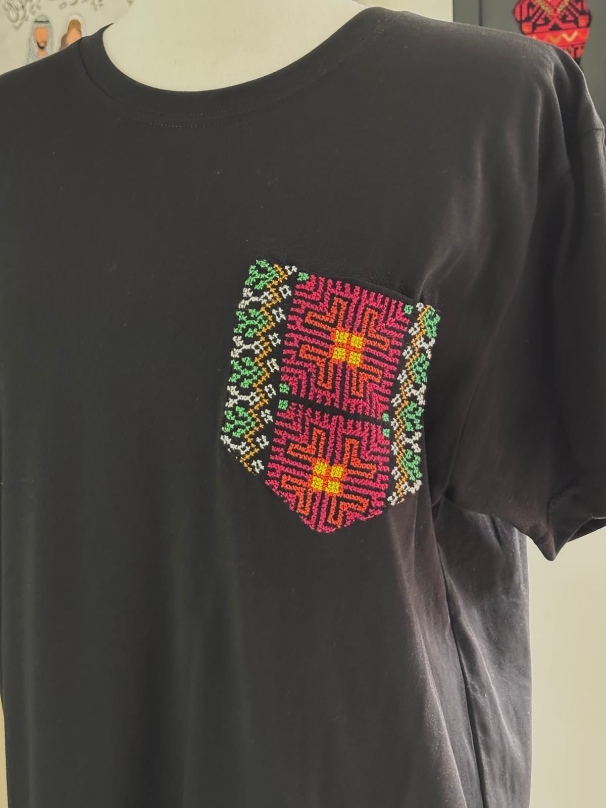 Black Cotton T-Shirt with colored Hand-embroidered Pocket (For him & her)
