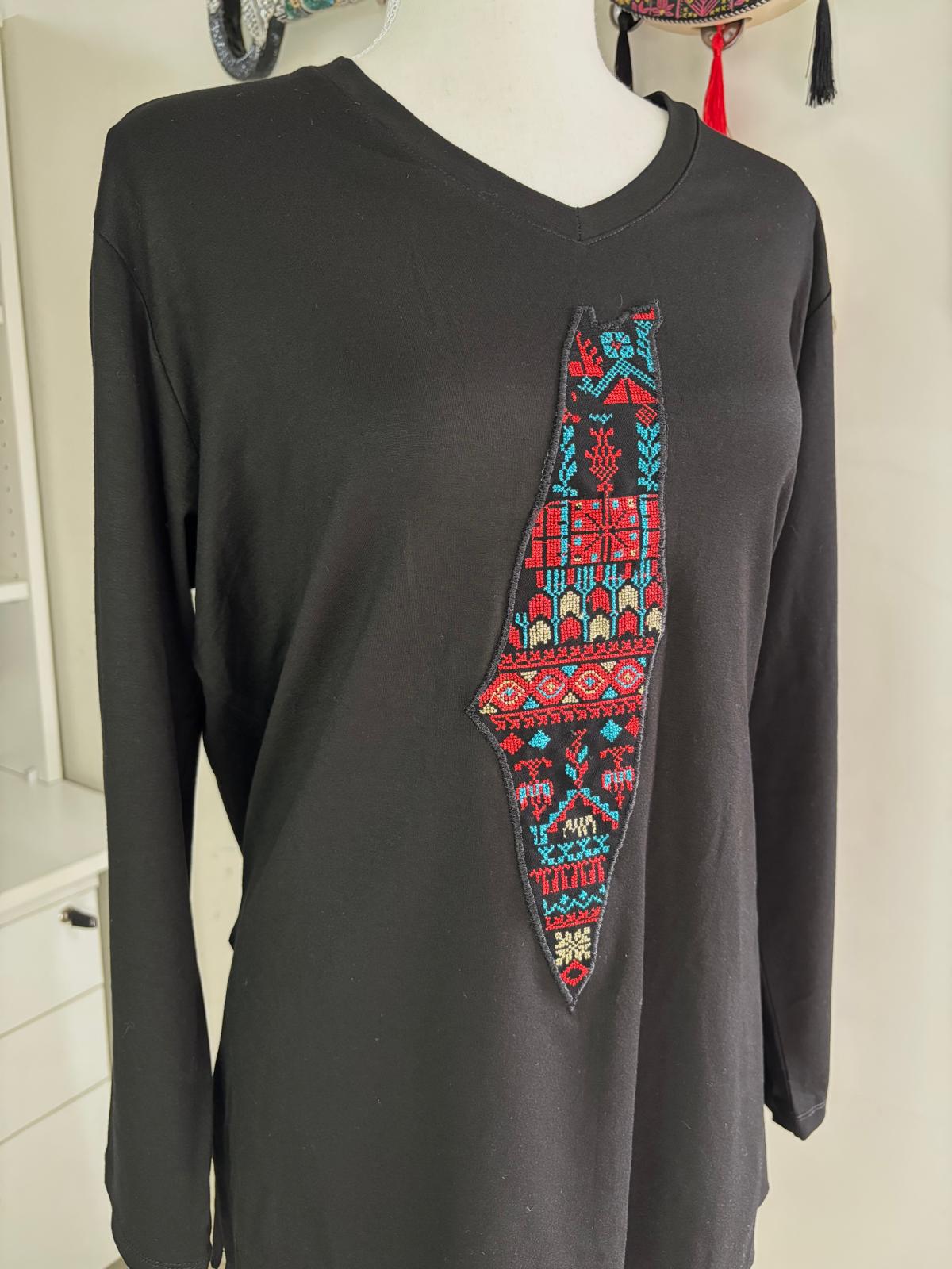 Long Sleeve T-Shirt with Palestine Map (Black)