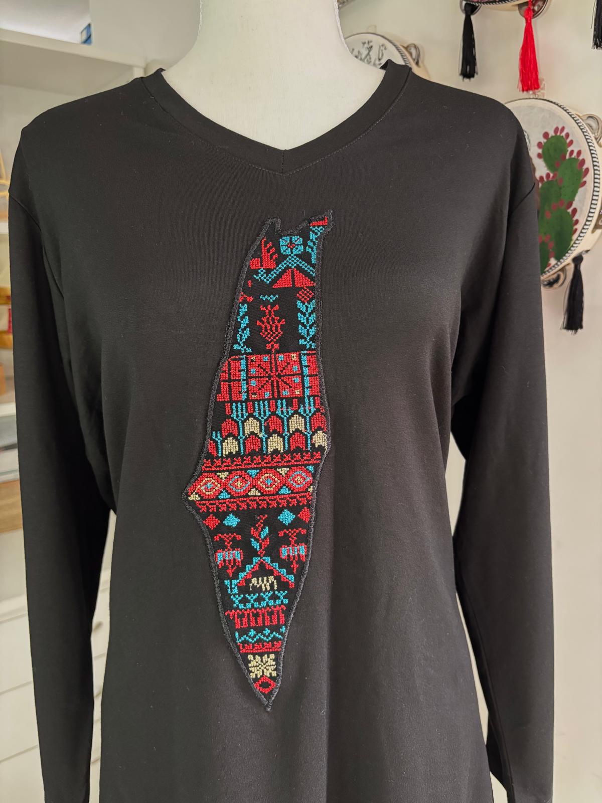 Long Sleeve T-Shirt with Palestine Map (Black)