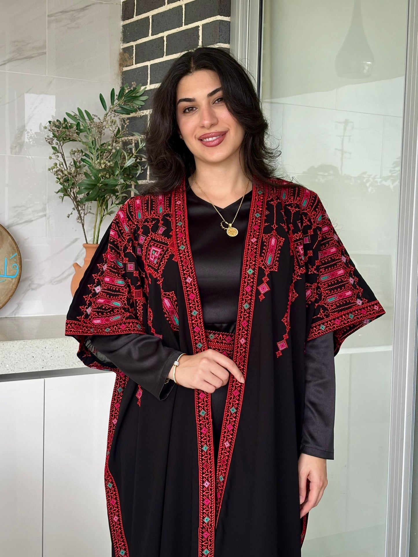Free-size Red & Black Abaya