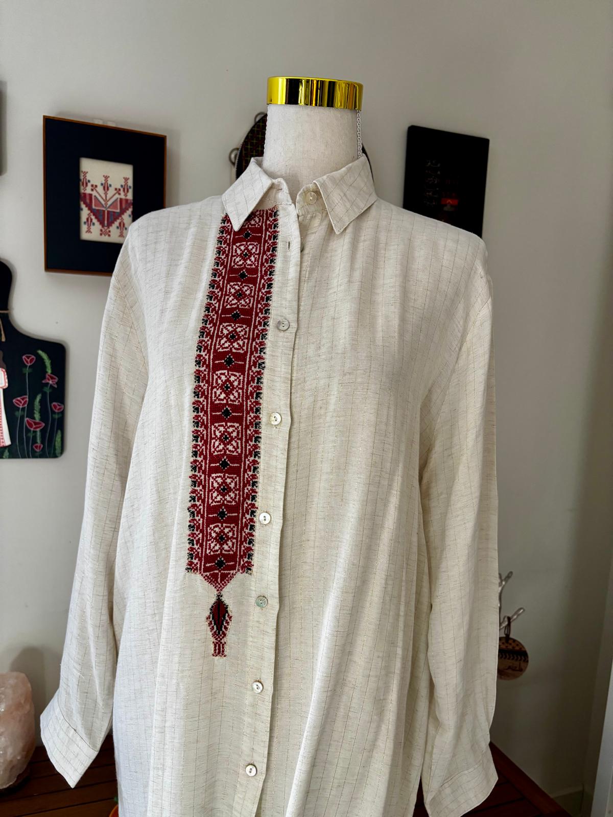Beige Shirt with Red Tatreez.