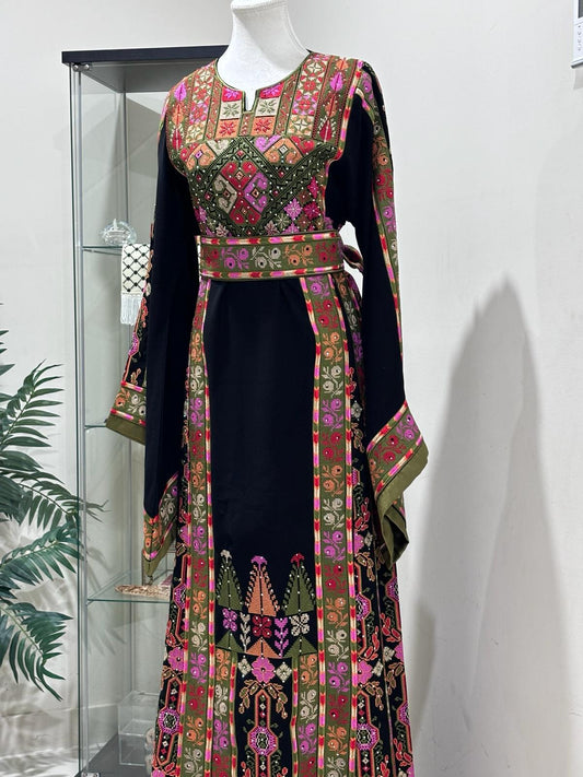 Palestinian Embroidered Thobe With Double Sided Reversible Belt (The Original Falahi Thobe) Black.