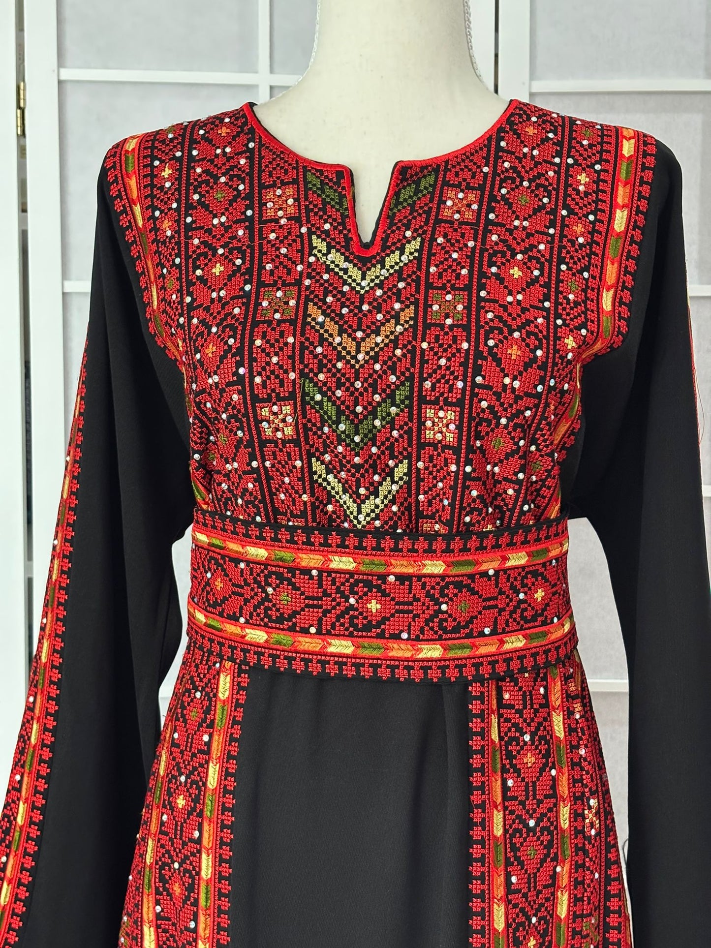 Palestinian Embroidered Thobe With Adjustable Belt (Roman Dress/ Half Tals) Red and Orange