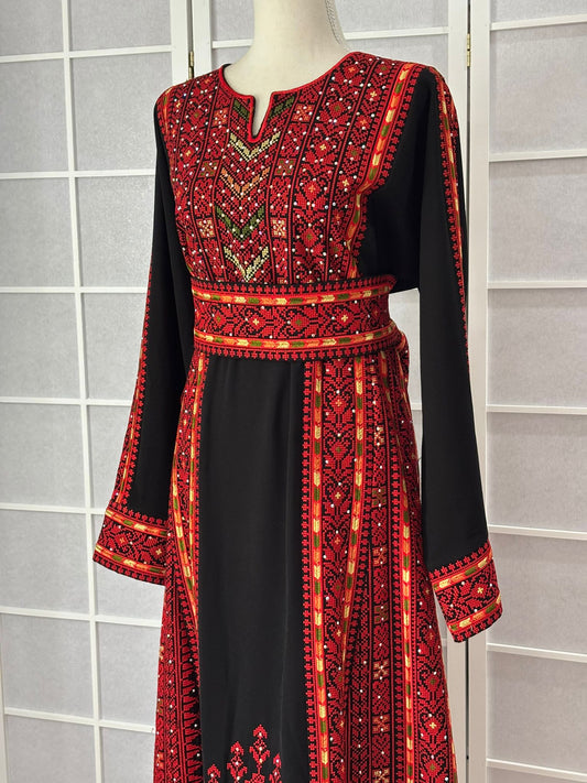 Palestinian Embroidered Thobe With Adjustable Belt (Roman Dress/ Half Tals) Red and Orange