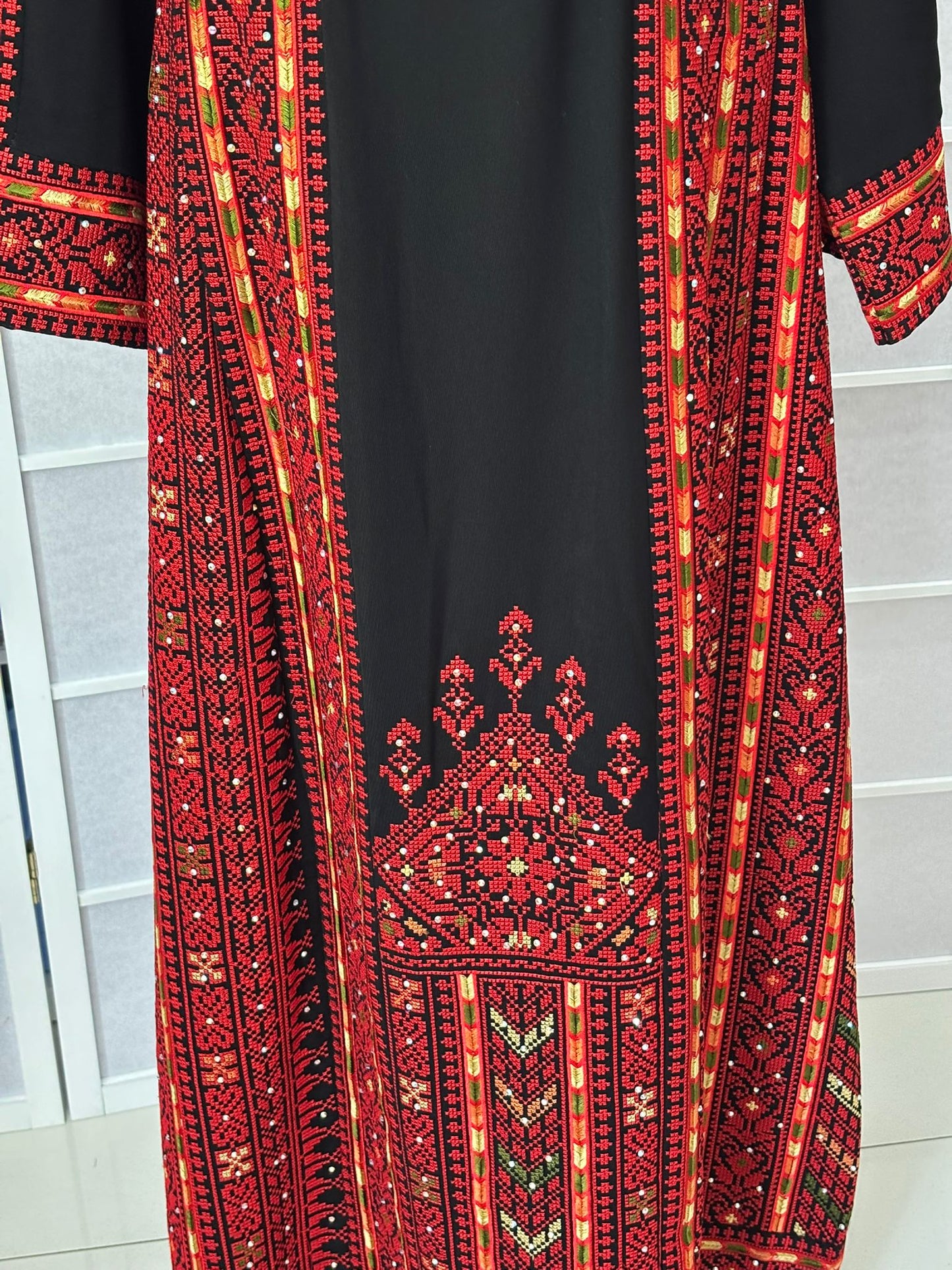 Palestinian Embroidered Thobe With Adjustable Belt (Roman Dress/ Half Tals) Red and Orange