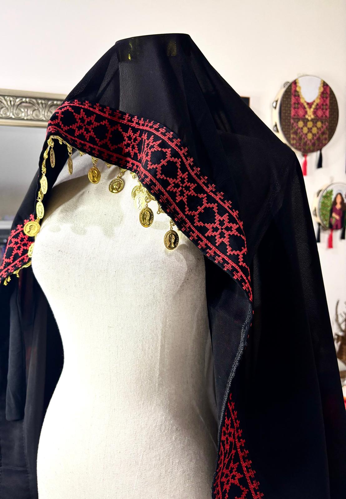 Black veil with red tatreez