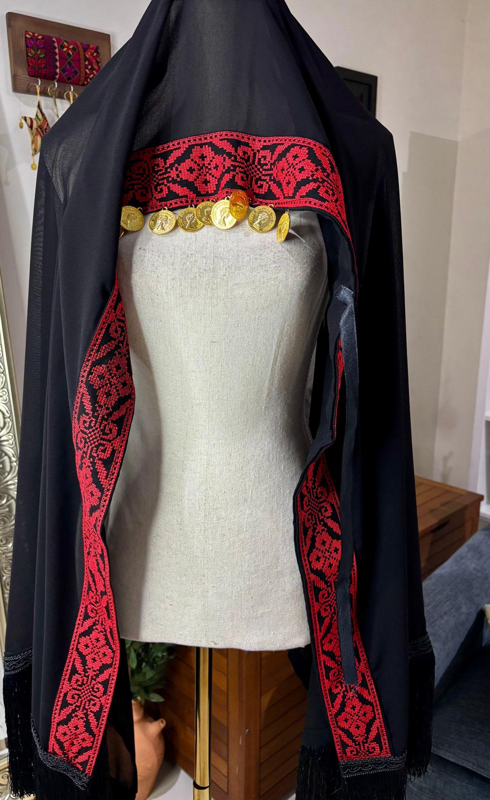 Black veil with red tatreez