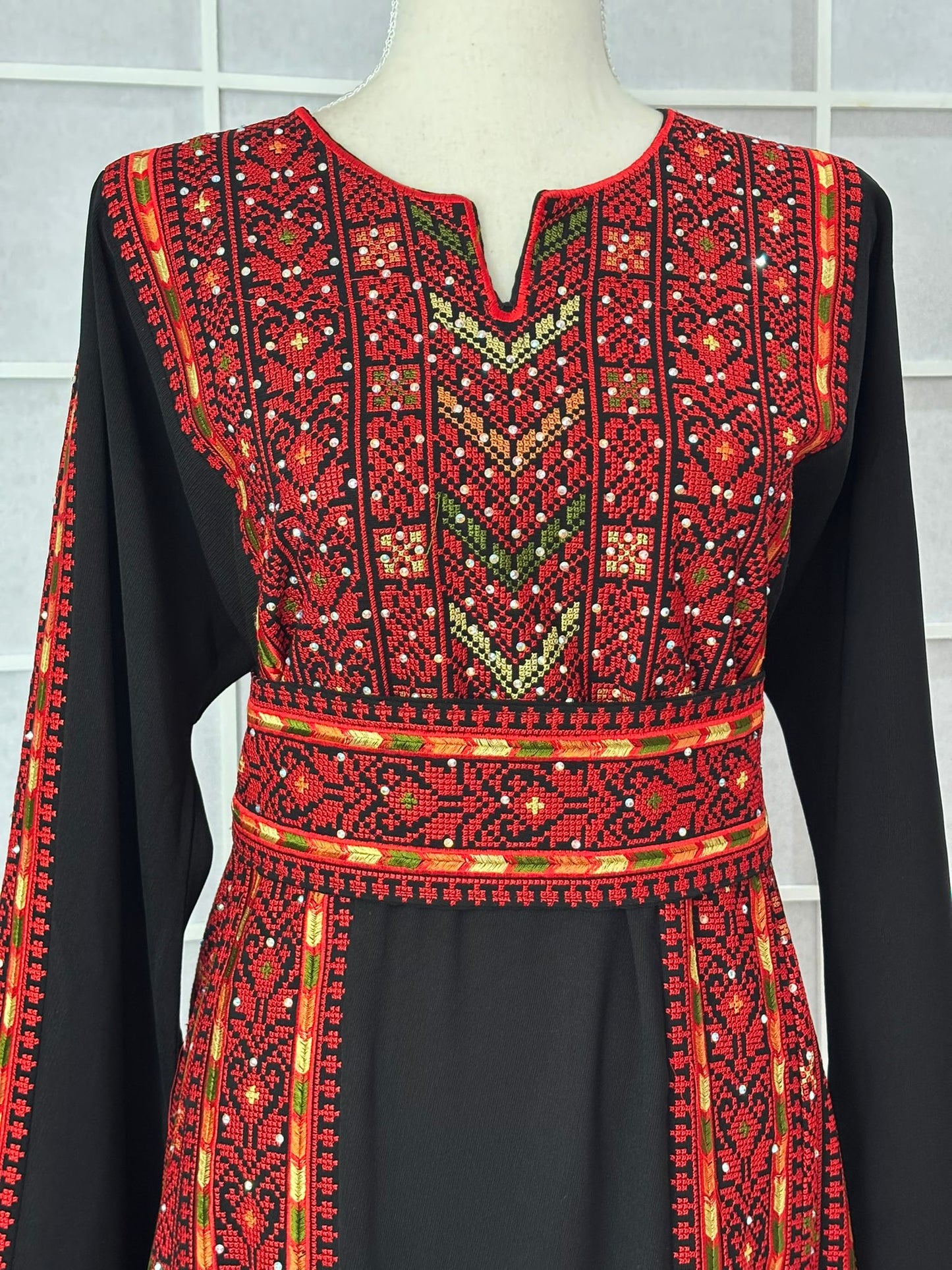 Palestinian Embroidered Thobe With Adjustable Belt (Roman Dress/ Half Tals) Red and Orange