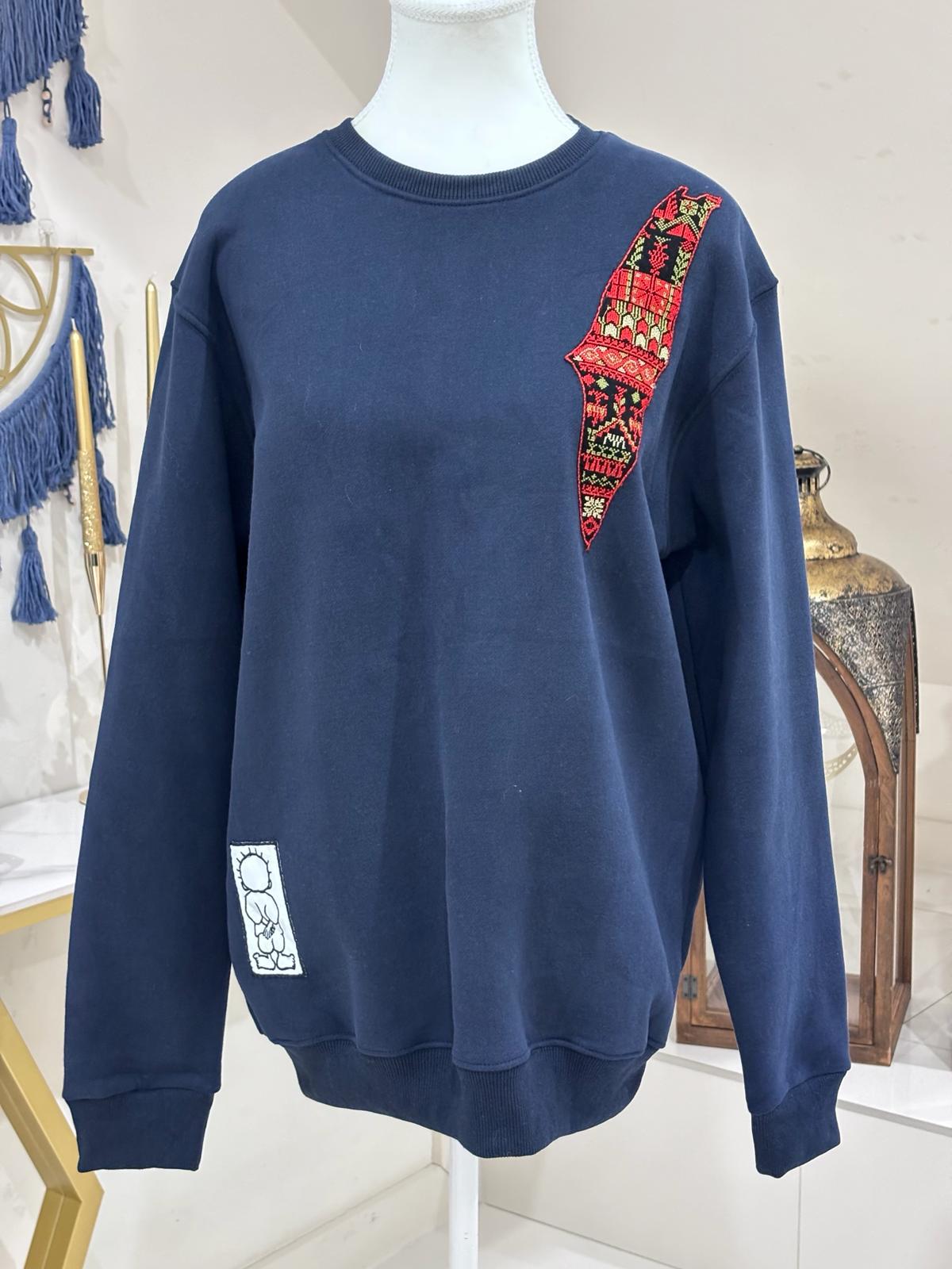 Round Neck Sweatshirt  With Palestine Map Embroidery.
