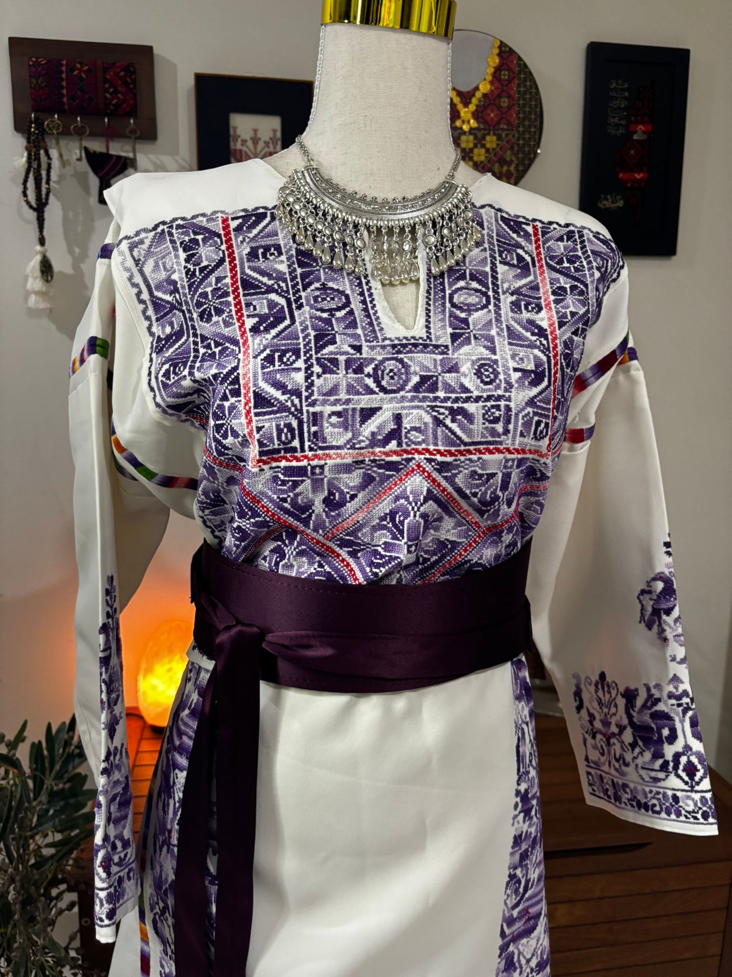 Hand-Embroidered Vintage Palestinian Thobe. (White and Purple Tatreez)