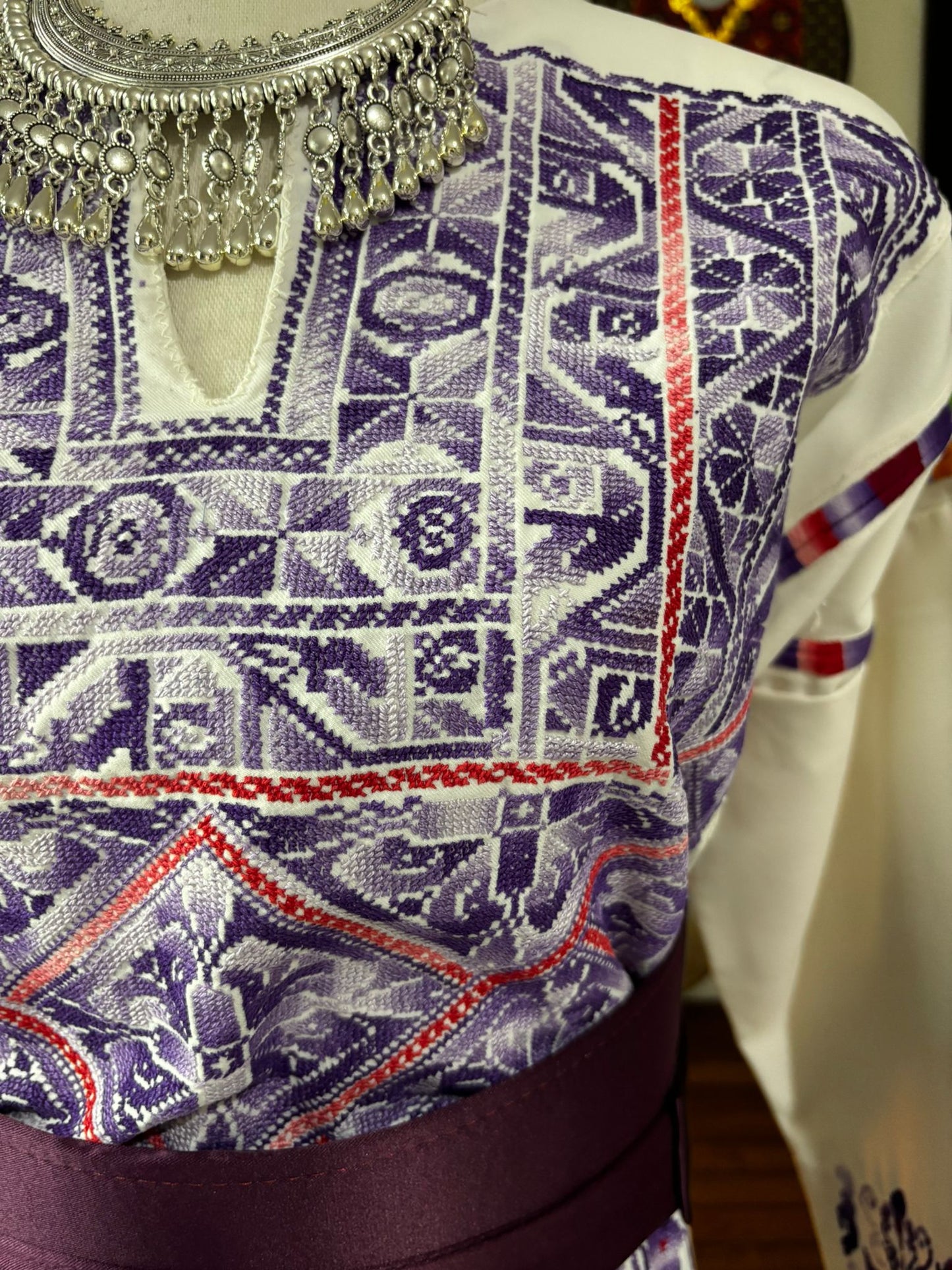 Hand-Embroidered Vintage Palestinian Thobe. (White and Purple Tatreez)
