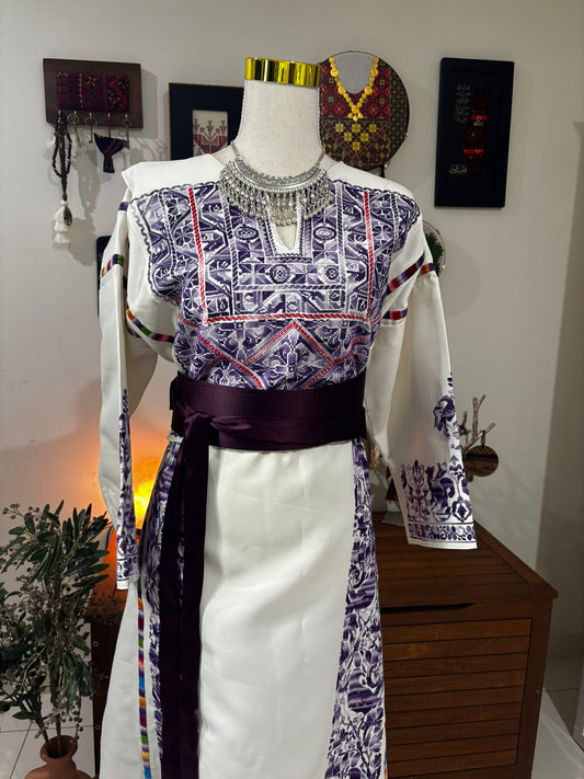 Deerah Collection: Vintage Palestinian Thobe. (White and Purple Tatreez)