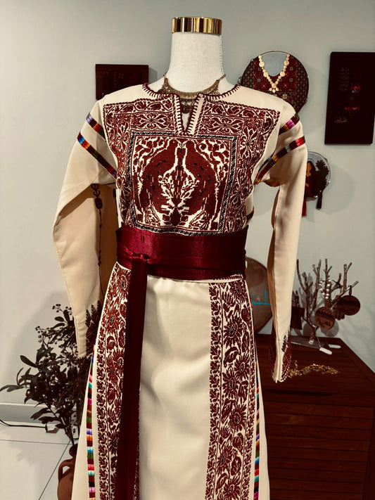 Deerah Collection: Vintage Palestinian Thobe. ( Beige and Red Tatreez).